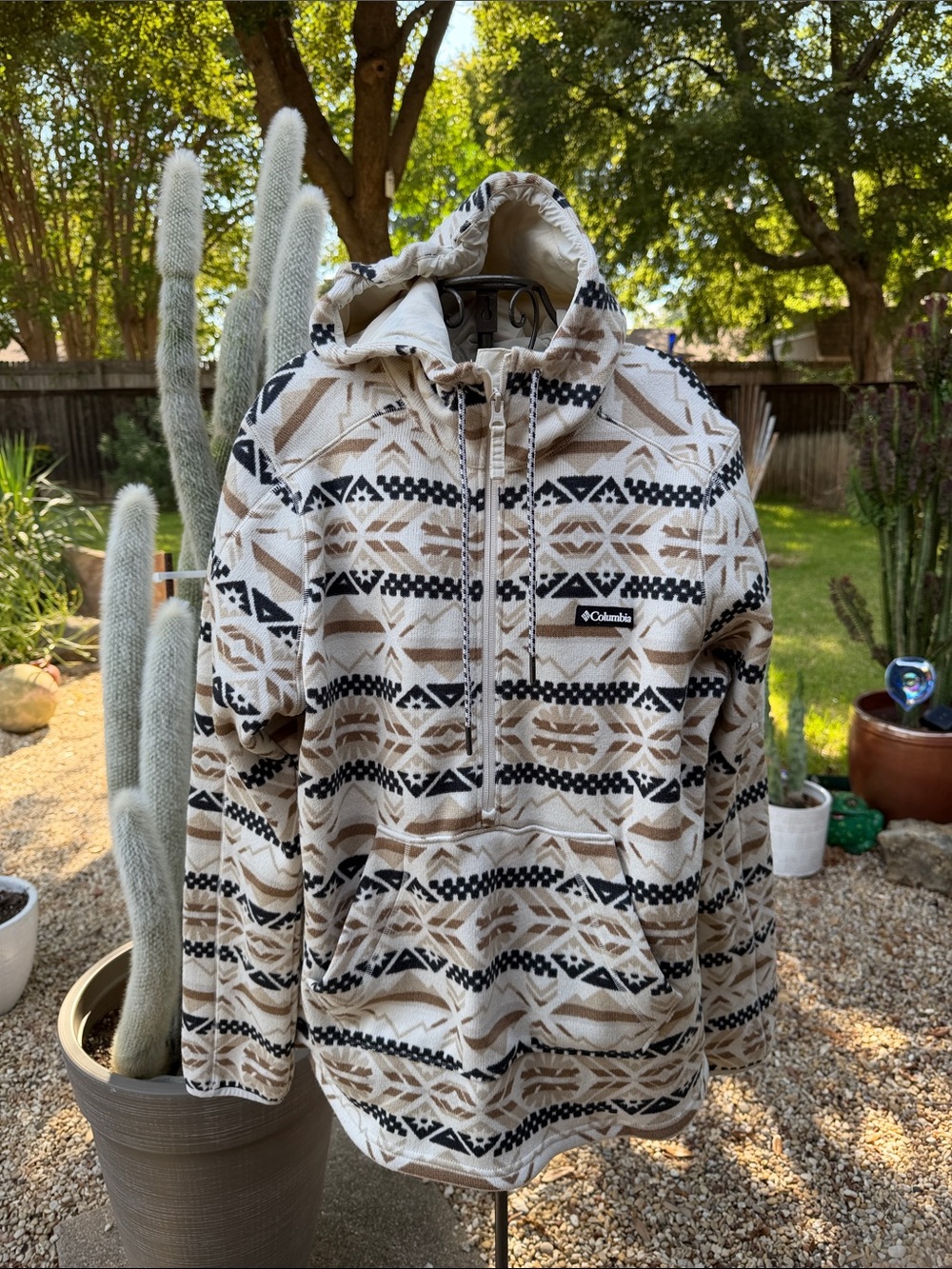 Columbia Hooded Pullover Jacket in Tan, Black & Cream Aztec Pattern